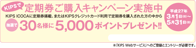 KIPSで定期券ご購入キャンペーン実施中 抽選で30名様にKIPSポイント5,000ポイントプレゼント!!