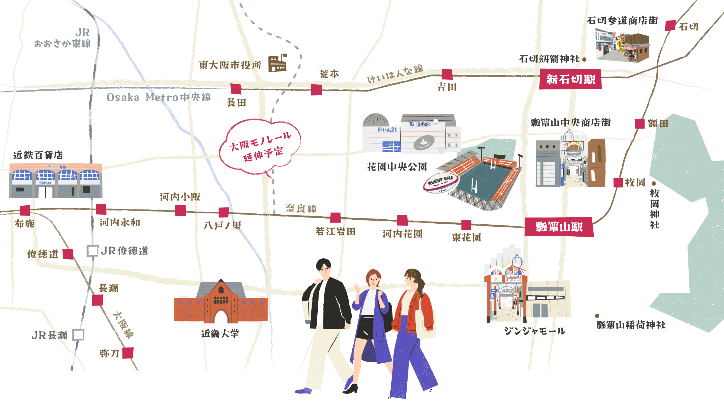 東大阪エリア周辺イラストマップ