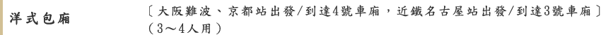 洋式包廂 ［大阪難波、京都站出發/到達4號車廂，近鐵名古屋站出發/到達3號車廂］（3～4人用）