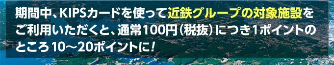 期間中、KIPSカードを使って近鉄グループの対象施設をご利用いただくと、通常100円（税抜）につき1ポイントのところ20～10ポイントに！