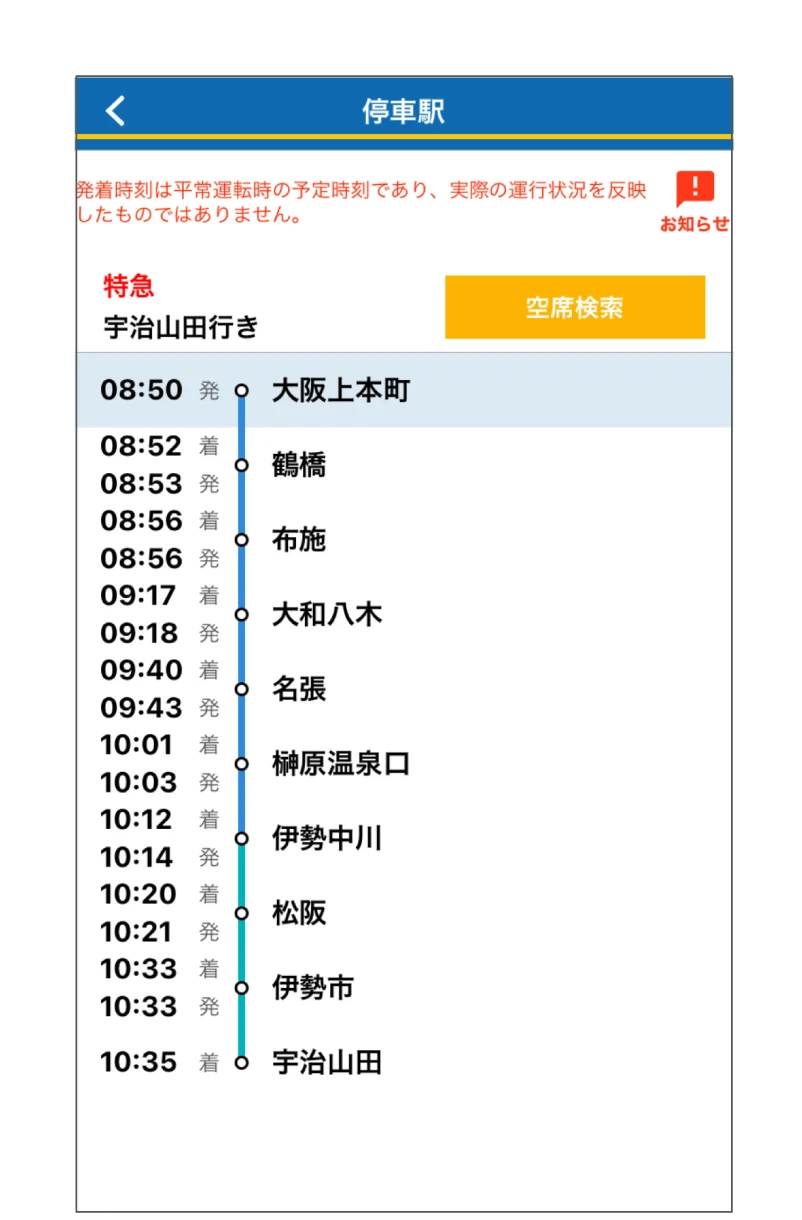 近鉄アプリの使い方。利用画面