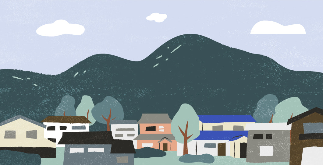 雄大な山々に見守られているイラスト