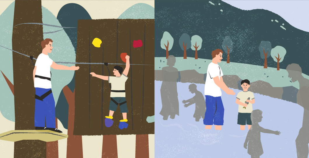 山の恵みで遊ぶ家族のイラスト