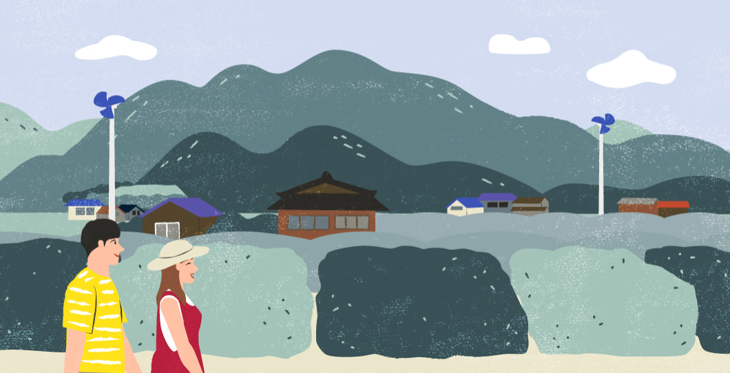 山も海も自然が近くにあるイメージのイラスト