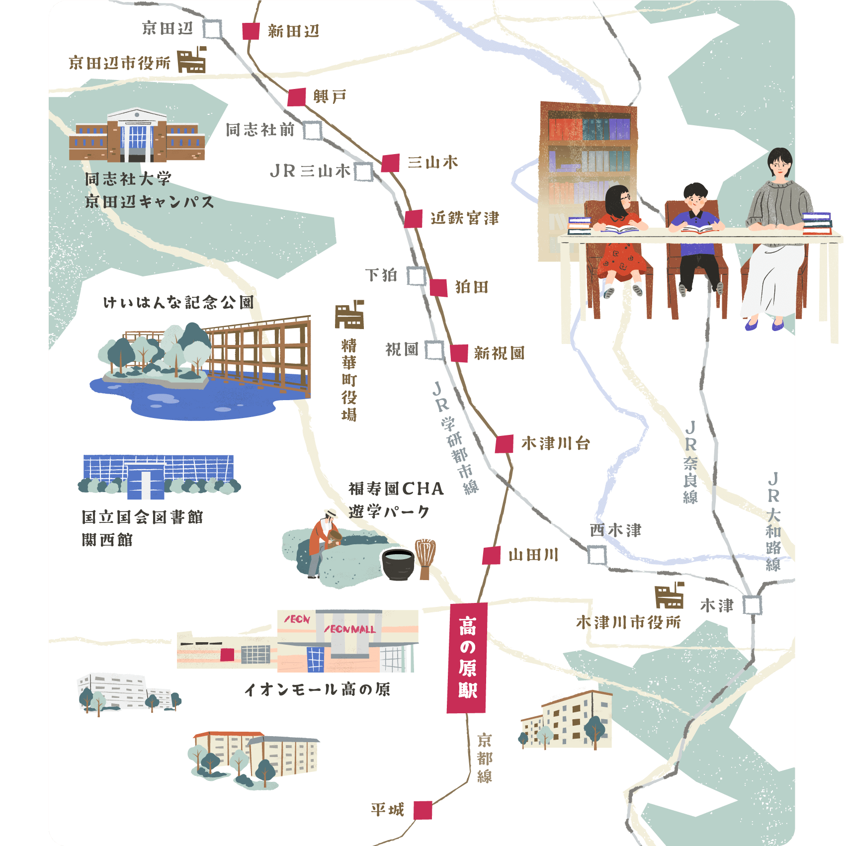 高の原エリア周辺イラストマップ