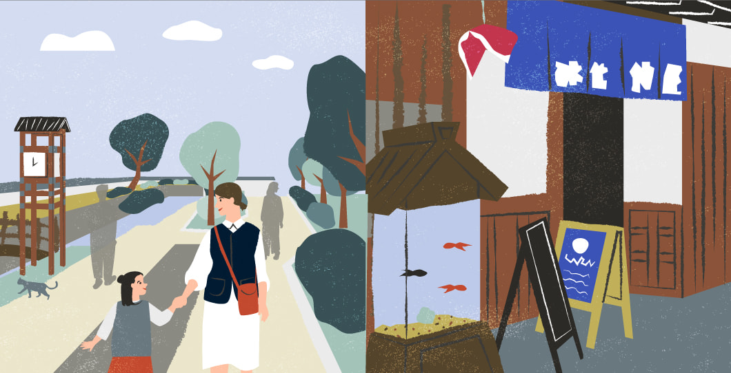 金魚が泳ぐ城下町のイラスト