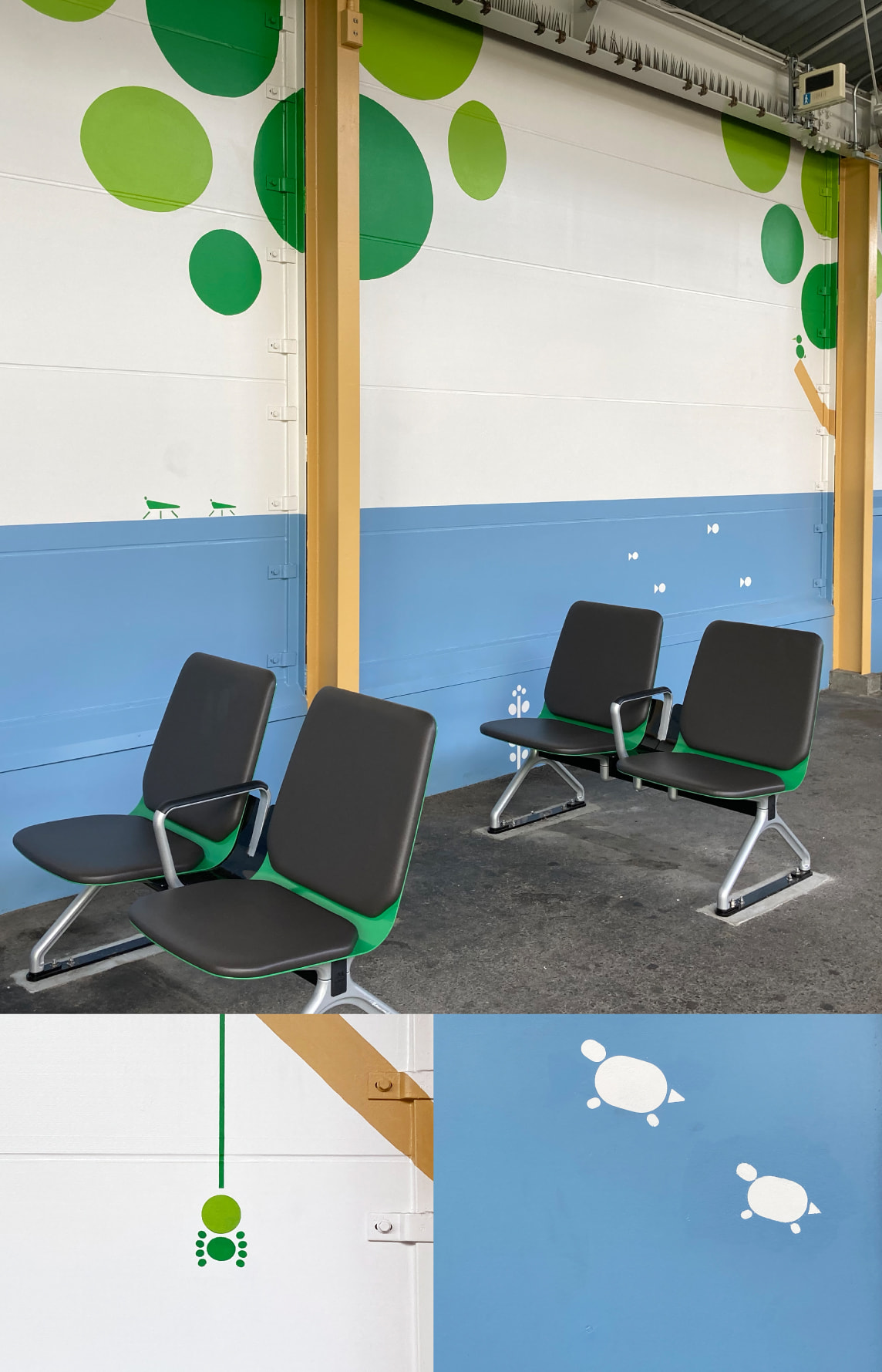 グリーンカラーで統一された駅ホームの写真