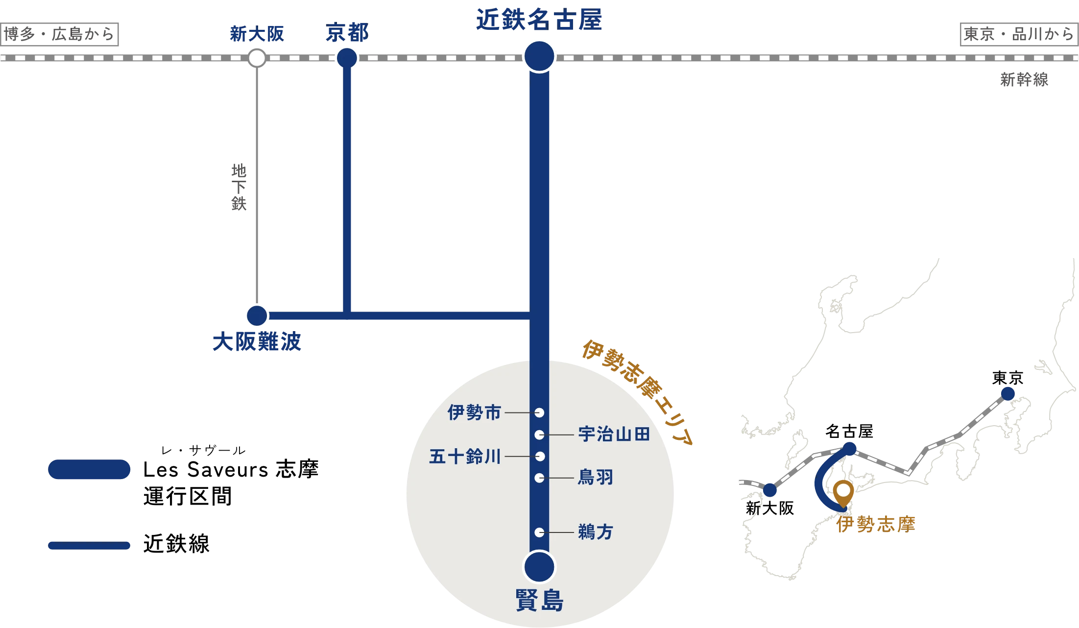 各地から伊勢志摩へのアクセス路線図。新幹線・近鉄線で賢島方面へ。